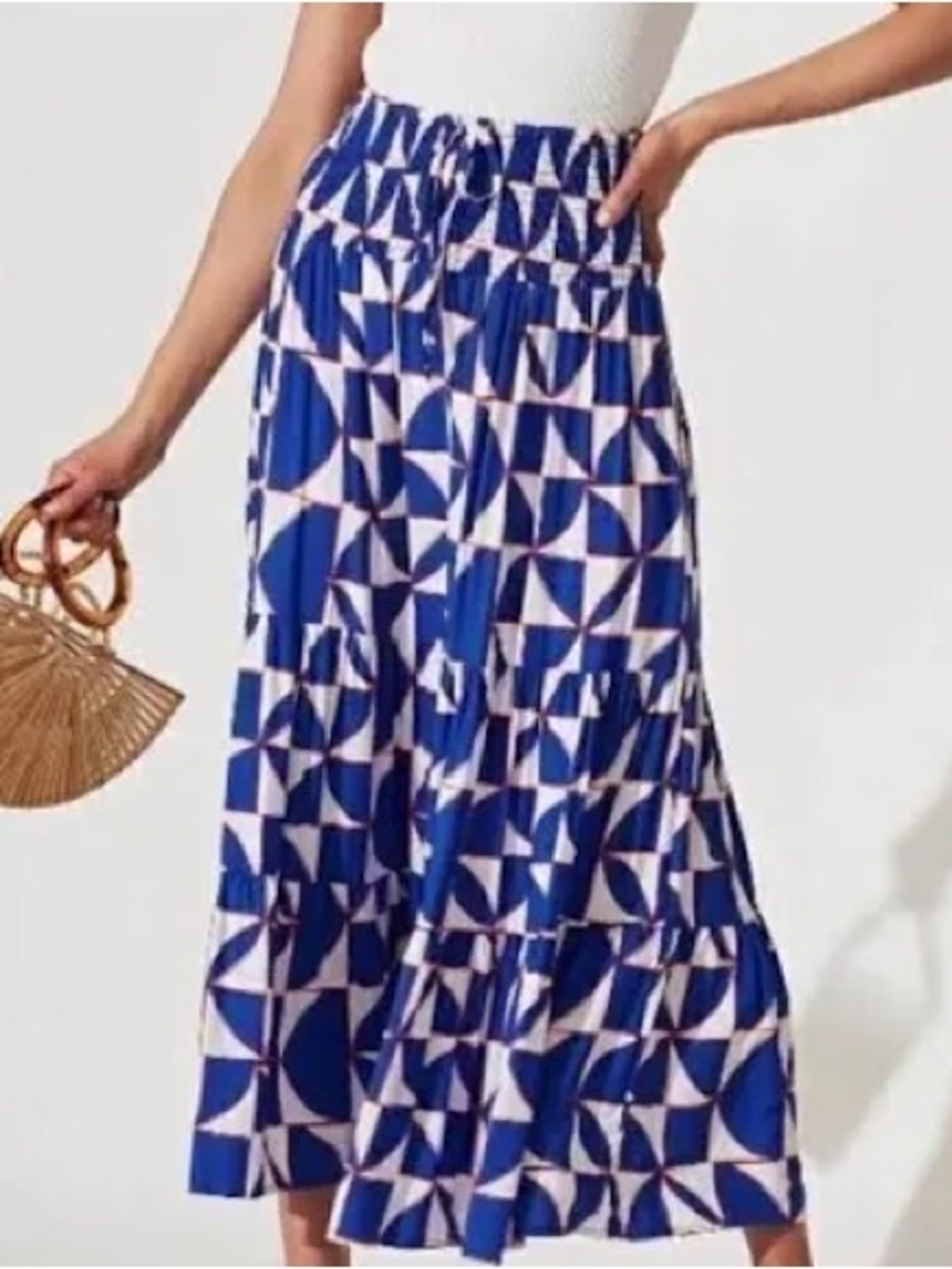 Abel the Label Blue White Orange Geometric Smocked Maxi Skirt Size S